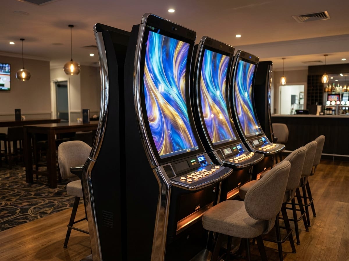 A bank of modern gaming machine cabinets